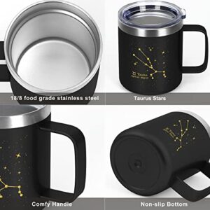 LiqCool Taurus Gifts for Women, Taurus Zodiac Gifts, Taurus Coffee Mug, Astrology Gifts for Men, Constellation Mug, Taurus Birthday Gift for Women, Stainless Steel Cup with Lid Handle (12oz, Black)