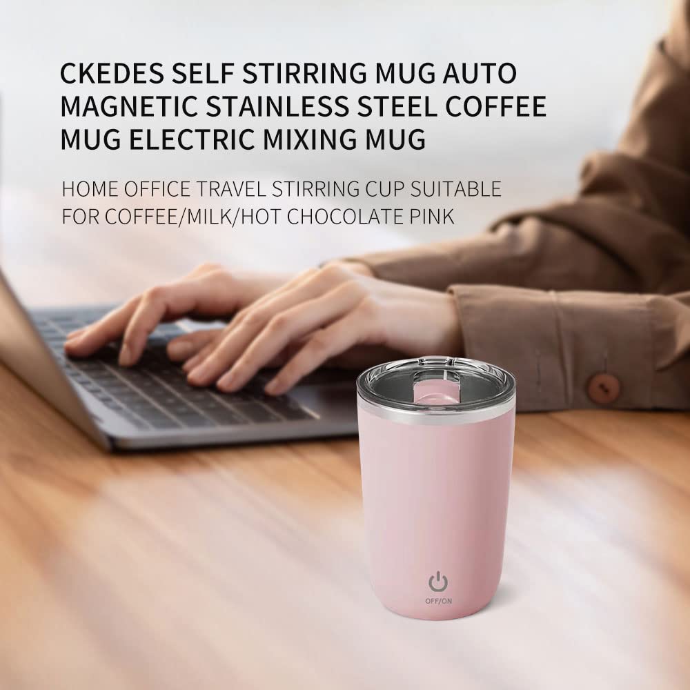 Ckedes Self Stirring Mug Auto Magnetic Stainless Steel Coffee Mug Electric Mixing Mug Home Office Travel Stirring Cup Suitable for Coffee/Milk/Hot Chocolate Pink