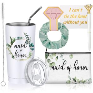 5 Pcs Wedding Proposal Gift Set Including 20 oz Tumbler Bachelorette Makeup Bag Hair Scrunchies Hair Ties Card Crystal Diamond Ballpoint Pen for Bridal Shower Wedding Party (Maid of Honor)