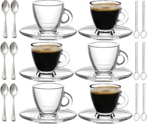 bohem's espresso cups, 3.2 oz small demitasse clear glass espresso drinkware, set of cups, saucers and stainless steel mini spoons + free glass spoons (set of 6)