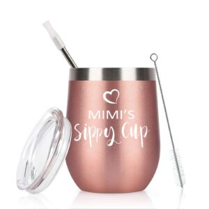 mimi gifts for grandma, mimi’s sippy cup wine tumbler with lid and straw, funny birthday christmas gifts for new grandma, mimi, grandmother, mom, 12 oz insulated stainless steel tumbler, rose gold