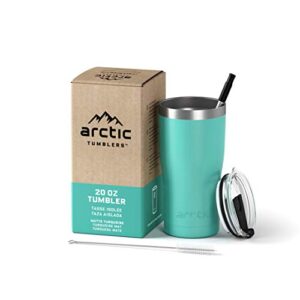 arctic tumblers | 20 oz matte turquoise insulated tumbler with straw & cleaner - retains temperature up to 24hrs - non-spill splash proof lid, double wall vacuum technology, bpa free & built to last