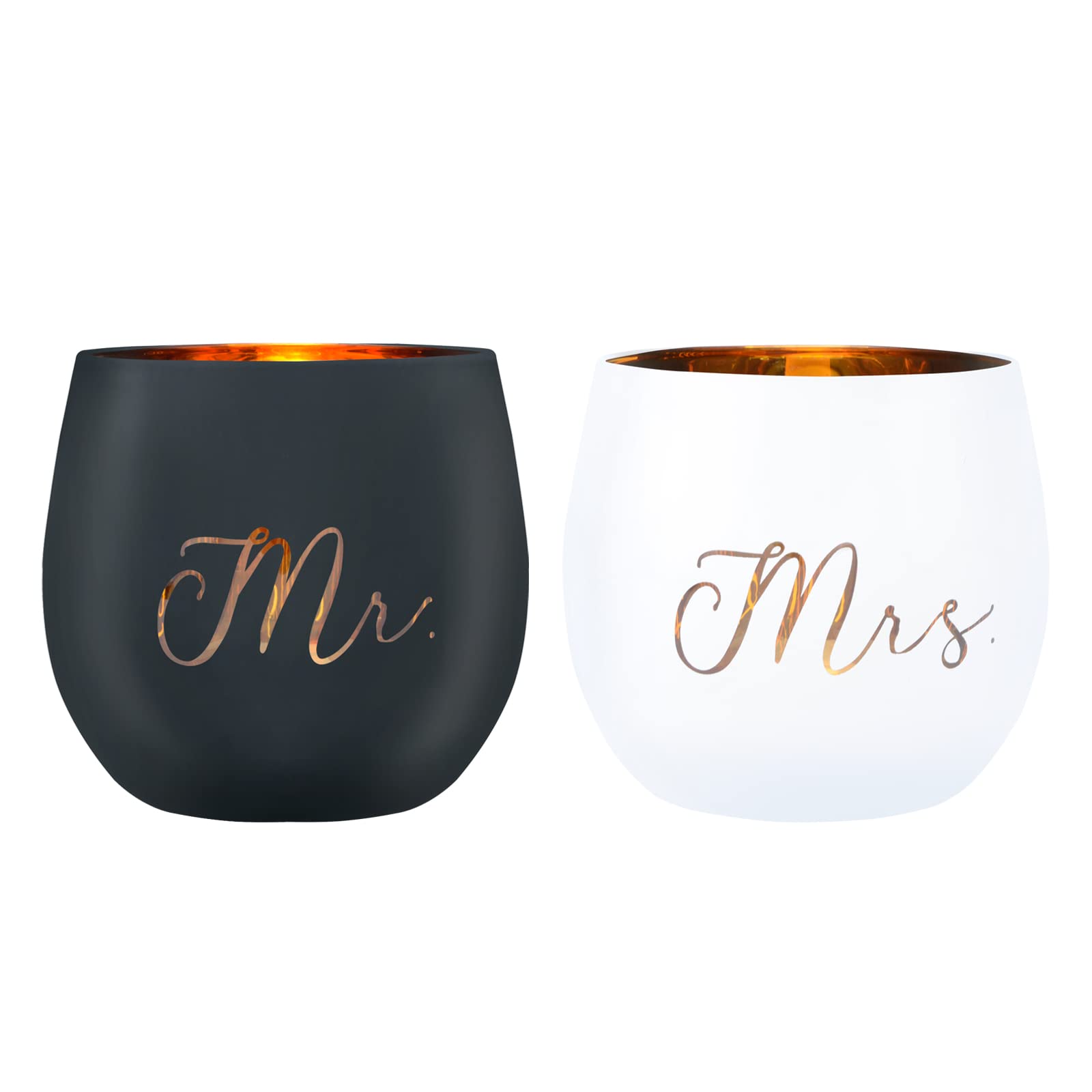 dehong Mr & Mrs Stemless Wine Glasses - Set of 2 - Wedding Gifts for Bride & Groom ,His & Hers - Engagement Gifts for Couples Newly Engaged Unique Bridal Shower Gift (A), black, white, gold