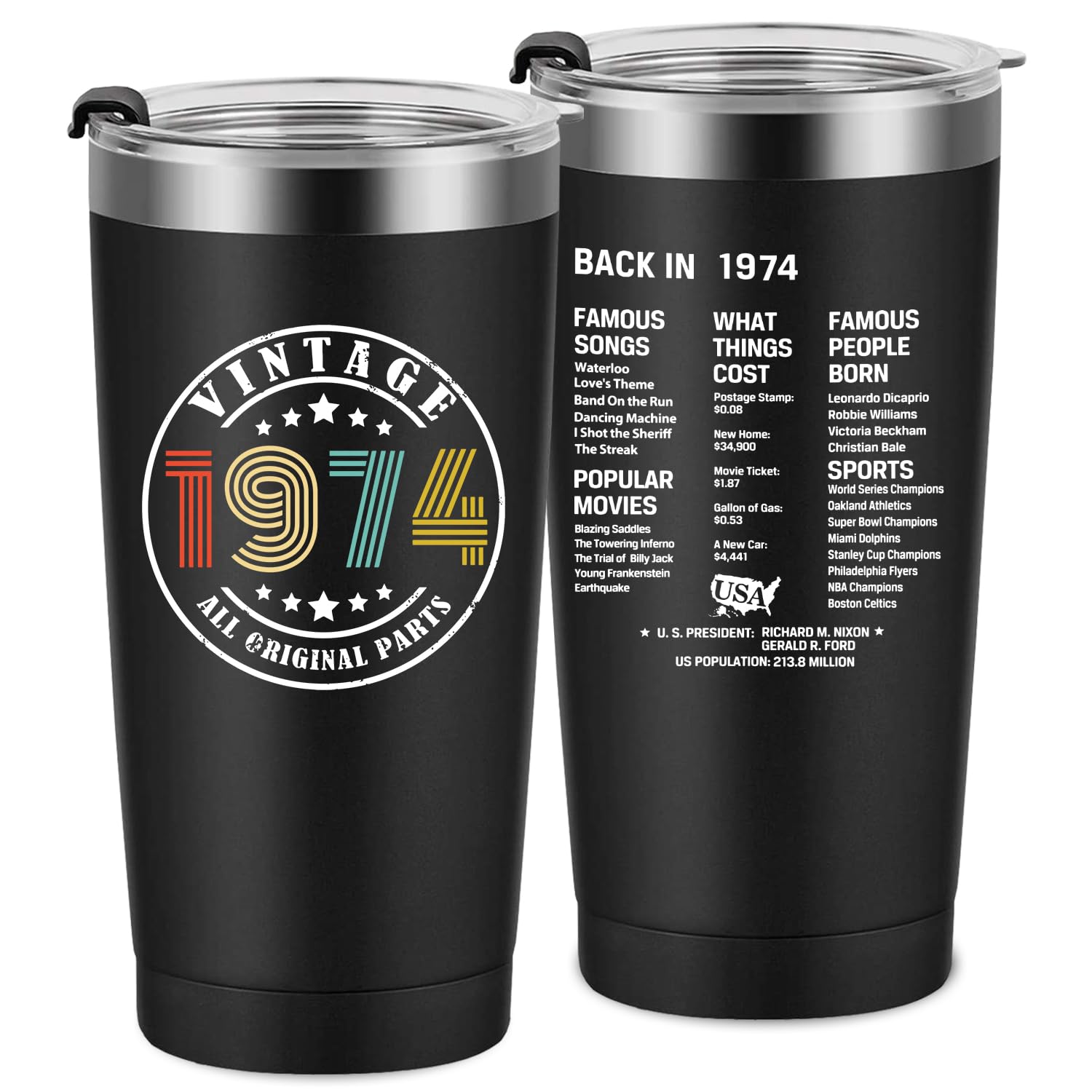 50th Birthday Gifts for Men Women Friends, Tumbler 20 oz Stainless Steel Vacuum Insulated Tumblers, Double Sided Printed Birthday Thermos cup, Back in 1974 Old Time Information - Black