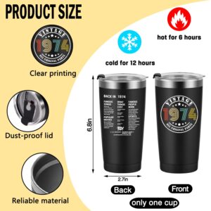 50th Birthday Gifts for Men Women Friends, Tumbler 20 oz Stainless Steel Vacuum Insulated Tumblers, Double Sided Printed Birthday Thermos cup, Back in 1974 Old Time Information - Black