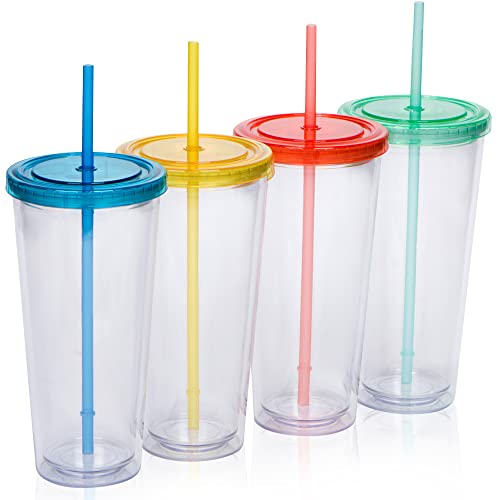 Zephyr Canyon 24oz Double Wall Plastic Tumblers with Lids and Straws | Large Classic Travel Tumbler | Clear Reusable Cups with Straws | BPA Free (Multicolor - 4 Pack)