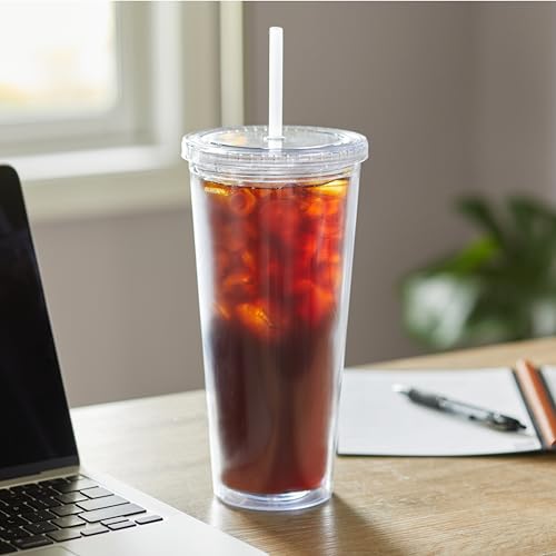 Zephyr Canyon 24oz Double Wall Plastic Tumblers with Lids and Straws | Large Classic Travel Tumbler | Clear Reusable Cups with Straws | BPA Free (Multicolor - 4 Pack)