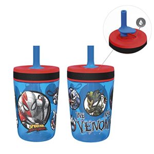 zak designs marvel spider-man and venom kelso tumbler set, leak-proof screw-on lid with straw, made of durable plastic and silicone, perfect bundle for kids (15 oz, 2pc set)