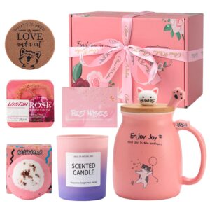 unique gift basket for woman - 16 oz cute cat mug with essential oil soap and bath bomb and scented candle - best birthday gift box, anniversary, wedding, valentine, christmas, mother's day gift