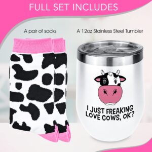 Cow Themed Gifts- Cow Print Tumbler Cup Gift for Women with Cow Print Socks- Gift Idea for Cow Lover- Farm Gifts for Women (12 OZ)