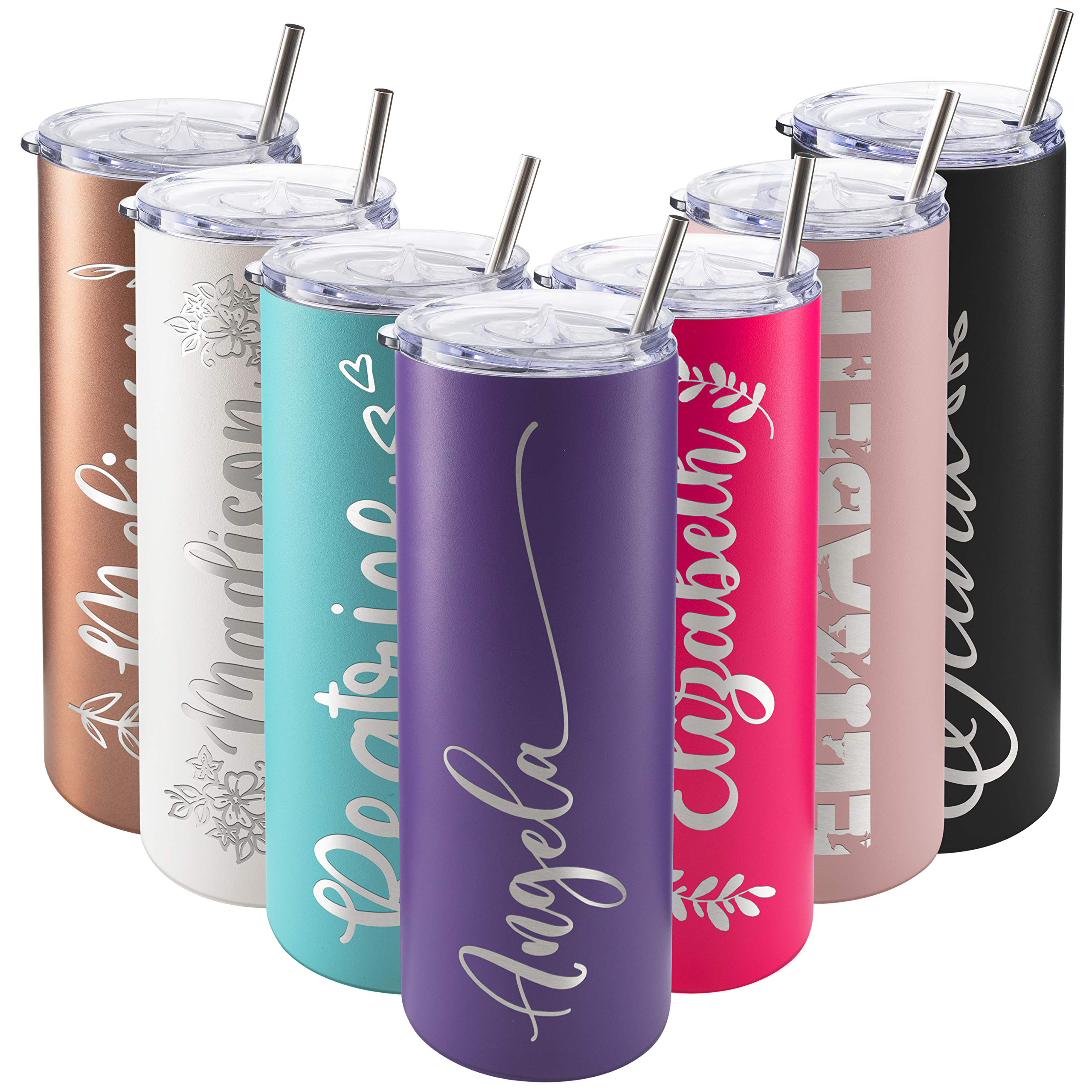 Personalized Skinny Tumblers with Lid, Gifts for Her 20 oz Purple, 12 Designs | Custom Engraved Tumbler w Name - Personalized Cups - Gifts for Women, Double-Walled Stainless Steel