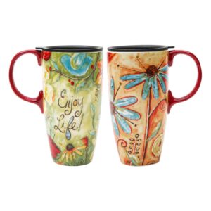 cedar home travel coffee ceramic mug porcelain latte tea cup with lid in box 17oz., flower enjoy life, 2 pack