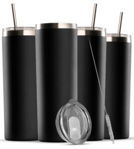 finedine insulated skinny stainless steel tumbler set - 4-pack 20oz tumbler with straw - travel coffee mug with pba free lids - slim vacuum keep hot & cold - for home, office. (inky raven black)