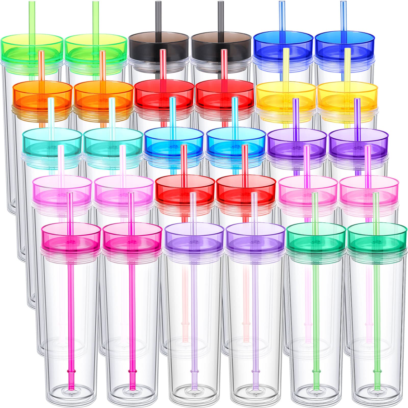 Hoolerry 30 Pcs Acrylic Skinny Tumblers 16 oz Acrylic Tumblers with Lids and Straws Double Wall Plastic Tumbler Skinny Tumbler Plastic Skinny Tumblers Bulk for Drink Party Birthday Gifts, Multicolor