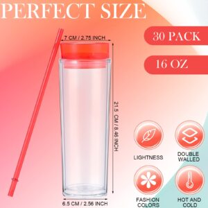 Hoolerry 30 Pcs Acrylic Skinny Tumblers 16 oz Acrylic Tumblers with Lids and Straws Double Wall Plastic Tumbler Skinny Tumbler Plastic Skinny Tumblers Bulk for Drink Party Birthday Gifts, Multicolor