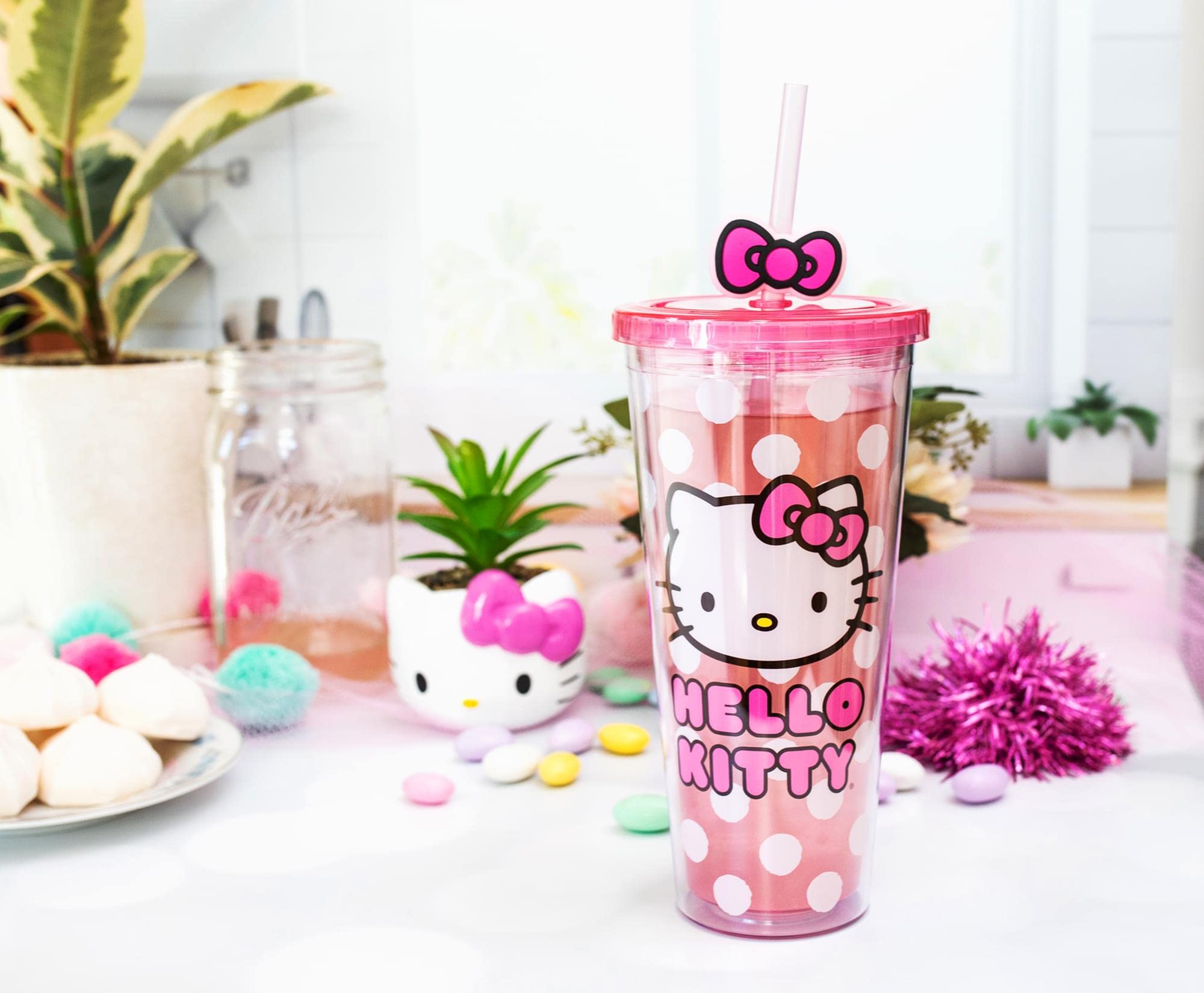 Silver Buffalo Sanrio Hello Kitty Face Carnival Cup With Lid and Topper Straw | Holds 24 Ounces