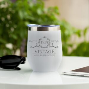 65th Birthday Gifts for Women Men - 1958 Birthday 12 oz White Stemless Wine Tumbler - Gifts for 65 Year Old Man Women Mom Dad - Gifts Ideas for Turning 65