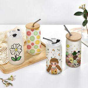 Laosh 8Pcs 16oz Frosted Sublimation Glass Blanks with Bamboo Lid and Plastic Lid, Sublimation Glass Cups Jar Tumbler Beer Can with Double Lid and Straw For Iced Coffee Juice Soda Drinks Beer