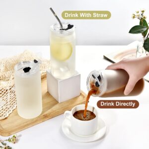 Laosh 8Pcs 16oz Frosted Sublimation Glass Blanks with Bamboo Lid and Plastic Lid, Sublimation Glass Cups Jar Tumbler Beer Can with Double Lid and Straw For Iced Coffee Juice Soda Drinks Beer