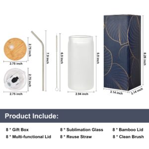 Laosh 8Pcs 16oz Frosted Sublimation Glass Blanks with Bamboo Lid and Plastic Lid, Sublimation Glass Cups Jar Tumbler Beer Can with Double Lid and Straw For Iced Coffee Juice Soda Drinks Beer