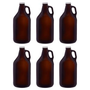 discount promos 6 amber glass beer growlers set, 64 oz. - screw on lid, sturdy, barware - amber