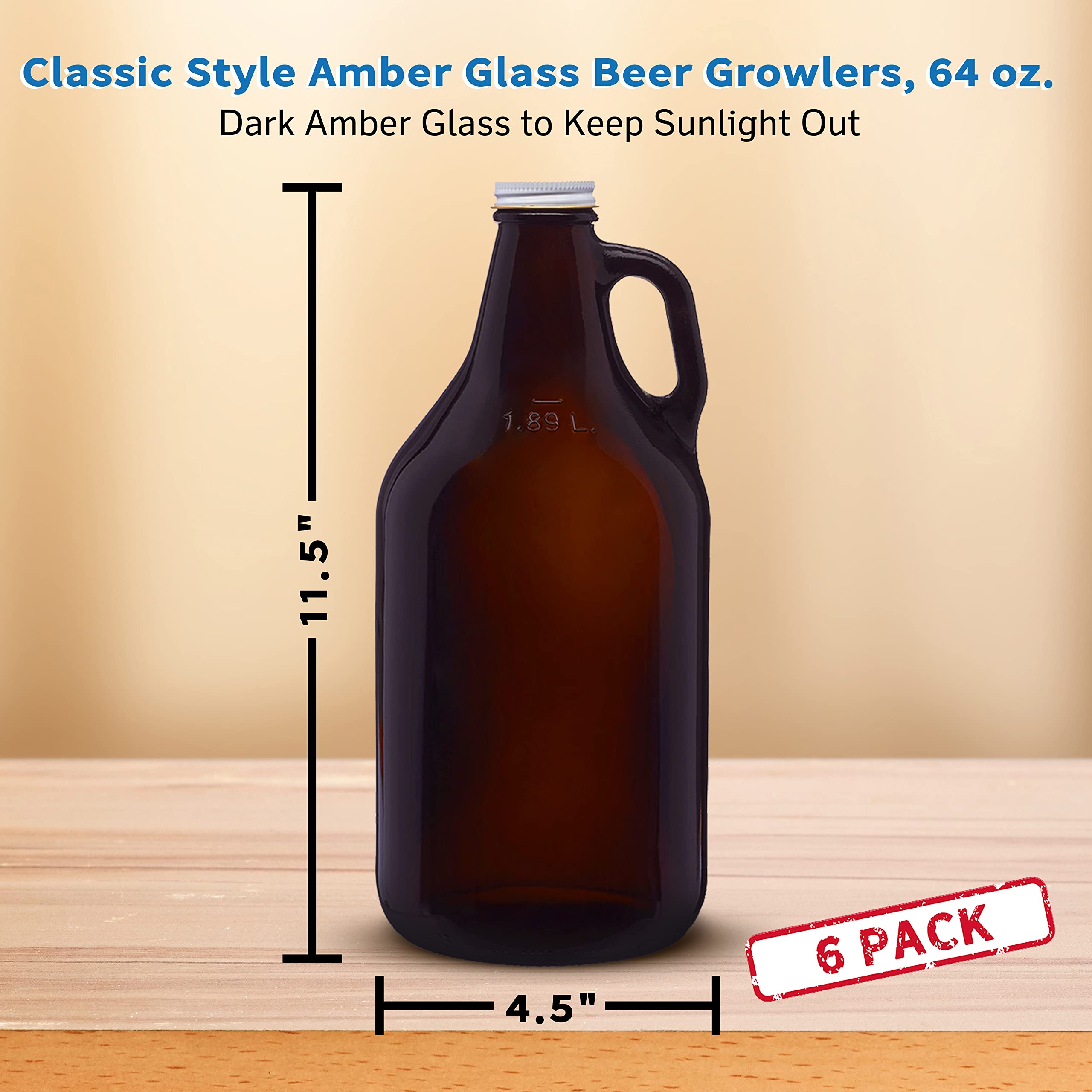 DISCOUNT PROMOS 6 Amber Glass Beer Growlers Set, 64 oz. - Screw on Lid, Sturdy, Barware - Amber