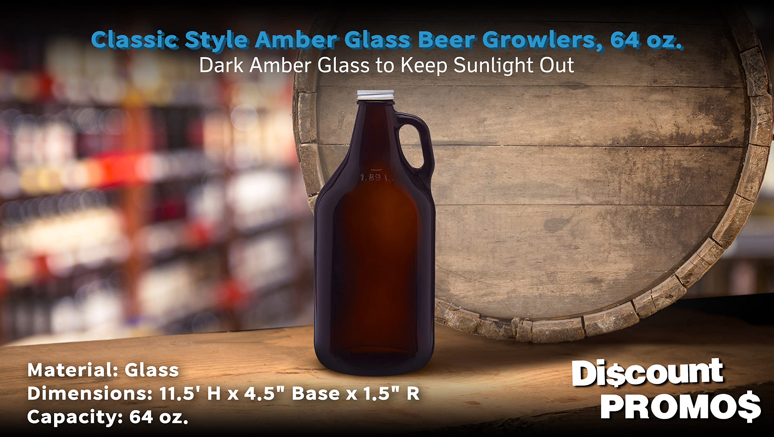 DISCOUNT PROMOS 6 Amber Glass Beer Growlers Set, 64 oz. - Screw on Lid, Sturdy, Barware - Amber