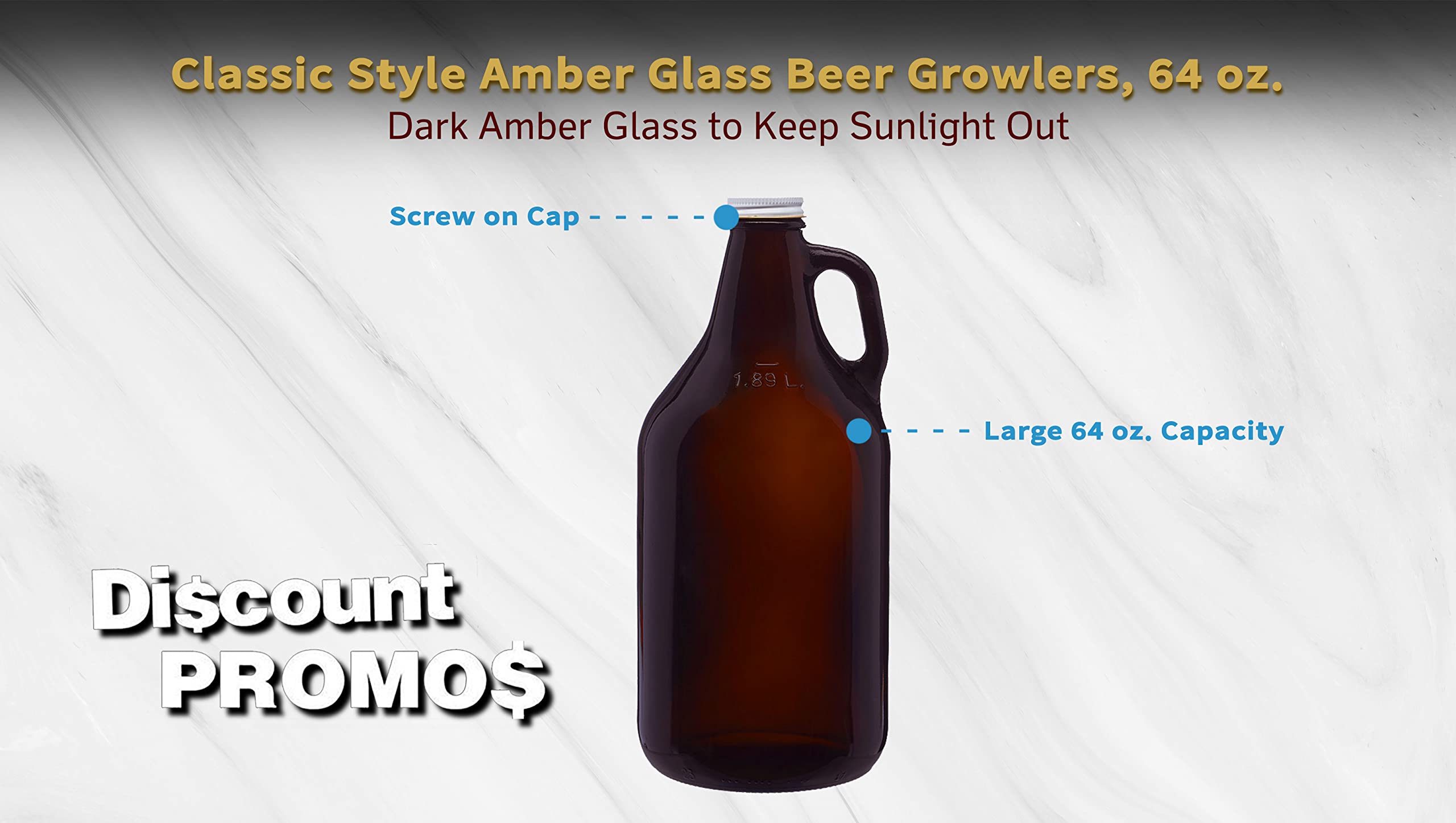 DISCOUNT PROMOS 6 Amber Glass Beer Growlers Set, 64 oz. - Screw on Lid, Sturdy, Barware - Amber