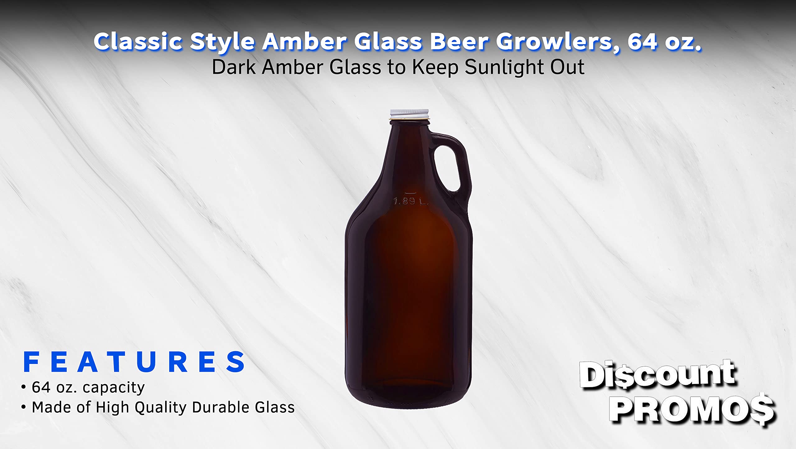 DISCOUNT PROMOS 6 Amber Glass Beer Growlers Set, 64 oz. - Screw on Lid, Sturdy, Barware - Amber