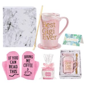 mugs for grandma best gigi ever coffee mug from grandson granddaughter mother’s day grandmother birthday gift from grandchildren marble mugs pink 14 oz with box gift spoon and coaster, cupcake socks