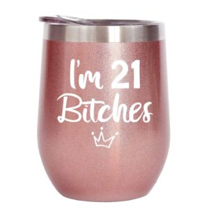 21st birthday gifts for women 12oz wine tumbler with lid | funny 21 year old birthday gift for her | birthday decoration ideas | finally 21 shot glass | rose gold cup with tiara print