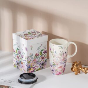 Topadorn Ceramic Mugs Porcelain Latte Tea Cup Coffee Mug with Gift Box,17oz.Pink Garden