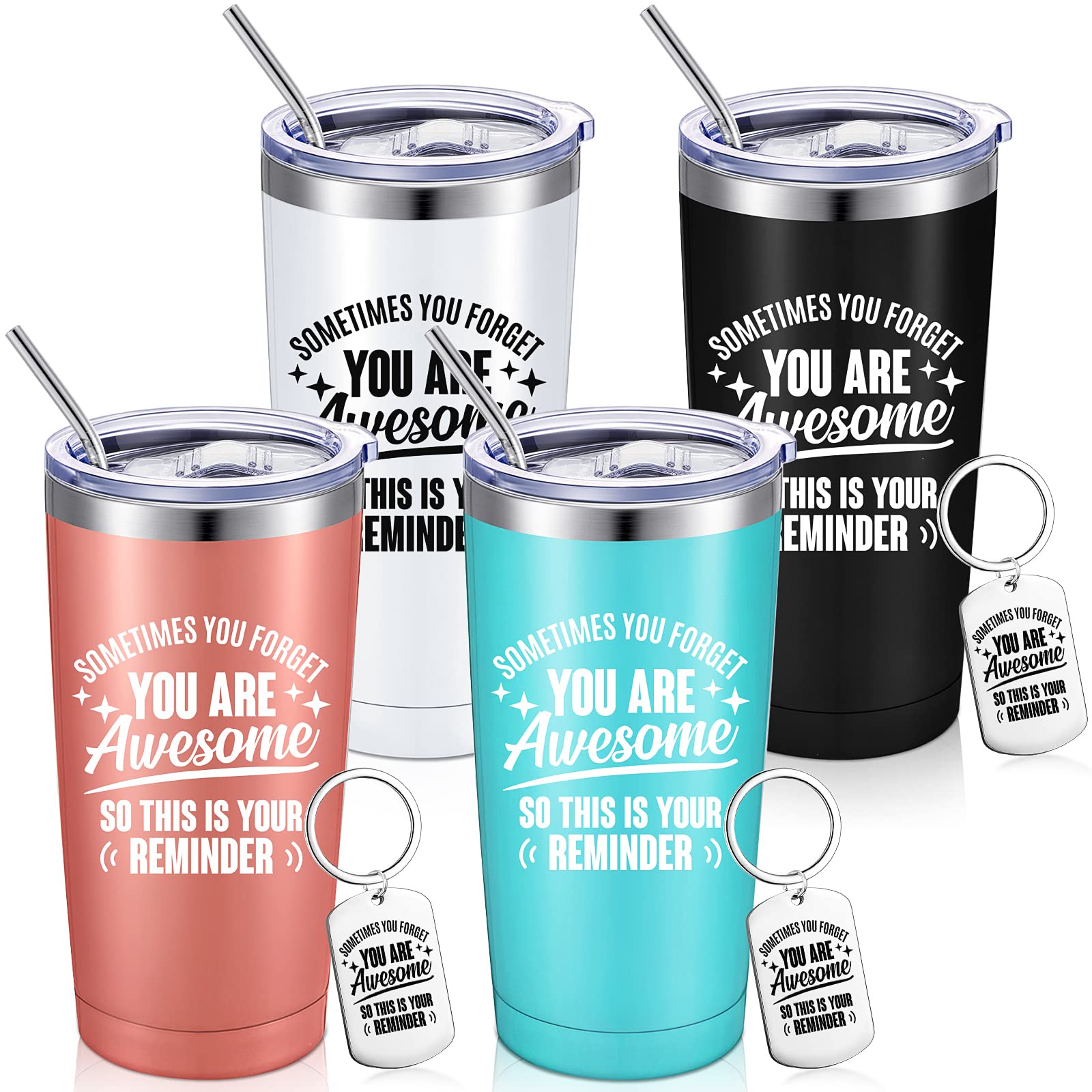 Sieral Employee Appreciation Gifts Bulk Thank You Gifts Inspirational You Are Awesome Tumbler 20 oz Stainless Steel Wine Cup with Keychain for Women Men Coworker(Multicolor, 4 Sets)