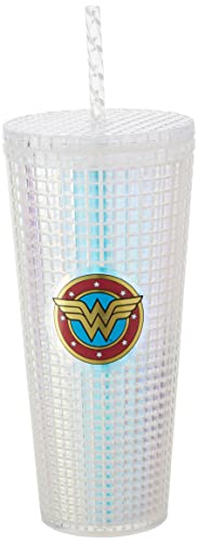 Spoontiques - Diamond Tumbler - Textured Cup with Straw - Double Wall Insulated and BPA Free - 20 oz - Wonder Woman