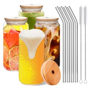 yirilan 4pcs glass cups with lids and straws - 16 oz glass cups with bamboo lids, iced coffee cup, drinking glasses, clear glass cups- 2 cleaning brushes