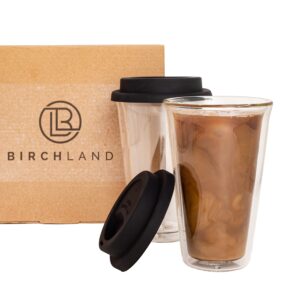 birchland double wall glass tumbler, insulated glass coffee cups, reusable coffee cups with lids, travel coffee mugs, 12oz. set of 2
