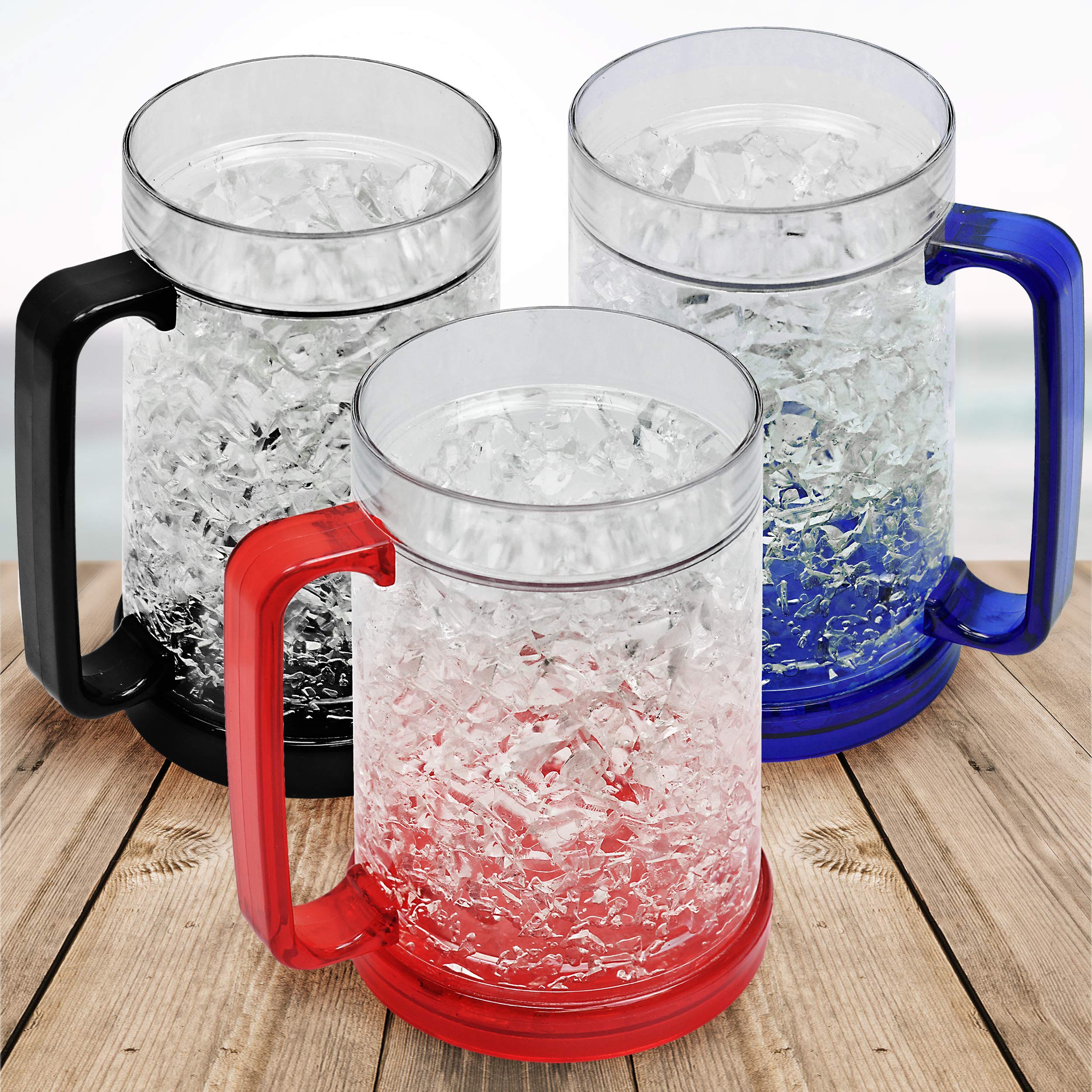 Freezer Ice Beer Mugs, Drinking Glasses, Double Wall Gel Frosty Beer Mugs, Cooling Wine Cups for Parties and Gifts, Clear 16oz Set of 3 (Blue, Red and Black)