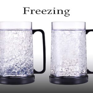 Freezer Ice Beer Mugs, Drinking Glasses, Double Wall Gel Frosty Beer Mugs, Cooling Wine Cups for Parties and Gifts, Clear 16oz Set of 3 (Blue, Red and Black)