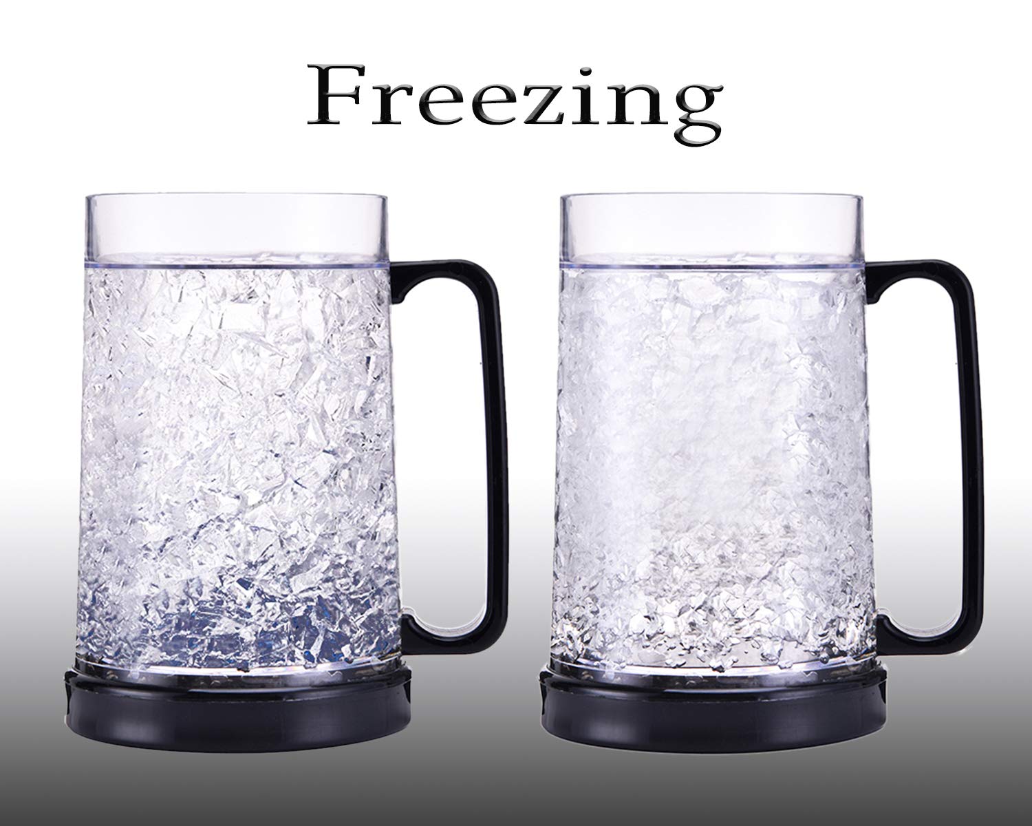 Freezer Ice Beer Mugs, Drinking Glasses, Double Wall Gel Frosty Beer Mugs, Cooling Wine Cups for Parties and Gifts, Clear 16oz Set of 3 (Blue, Red and Black)