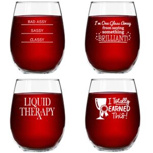 funny stemless wine glasses set of 4 (15 oz)- funny novelty wine glassware gift for women- party, event, hosting fun- wine lover wine glass with funny sayings