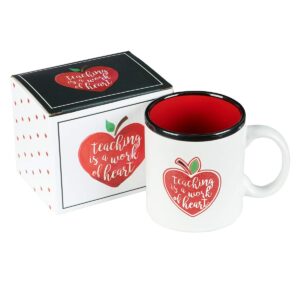 Teaching is a Work of Heart Coffee Mug, w/Red Heart Apple, Teacher Appreciation End of Year Gift, 13 oz White Ceramic Microwave Dishwasher Safe