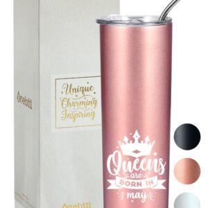 Onebttl Birthday Gifts for Women, Her, Girlfriend, Mom, Best Friends, Aunt, 20oz Stainless Steel Skinny Tumbler with Lid and Straw, Queens are Born in May - Rosegold