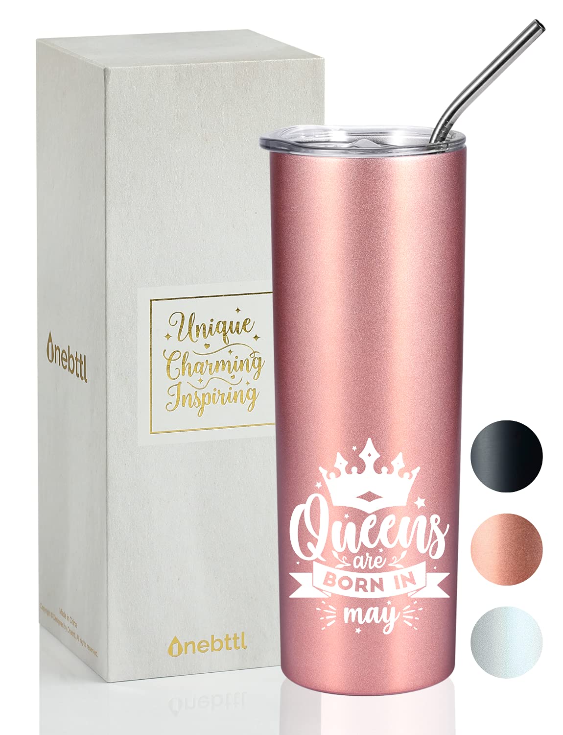 Onebttl Birthday Gifts for Women, Her, Girlfriend, Mom, Best Friends, Aunt, 20oz Stainless Steel Skinny Tumbler with Lid and Straw, Queens are Born in May - Rosegold