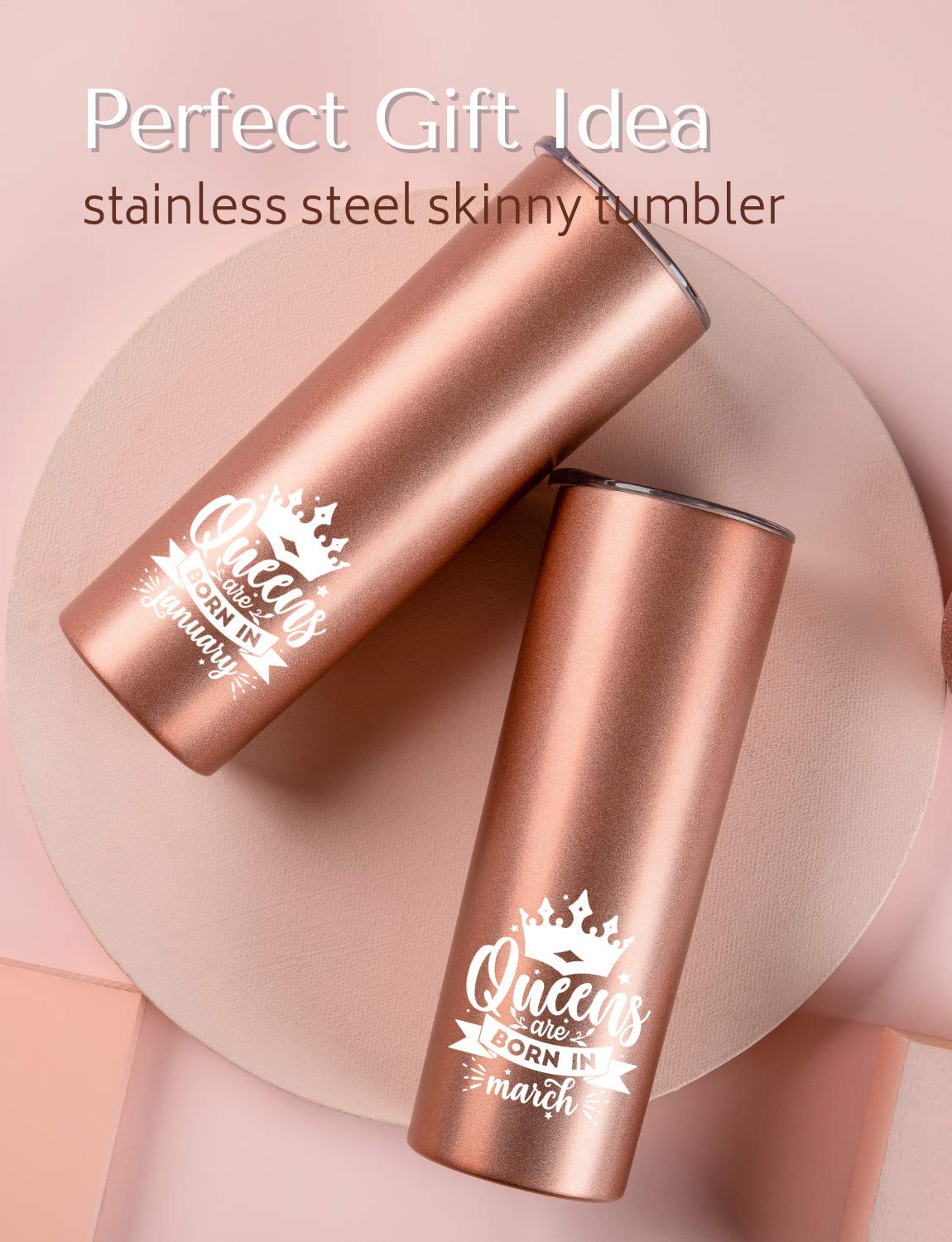 Onebttl Birthday Gifts for Women, Her, Girlfriend, Mom, Best Friends, Aunt, 20oz Stainless Steel Skinny Tumbler with Lid and Straw, Queens are Born in May - Rosegold