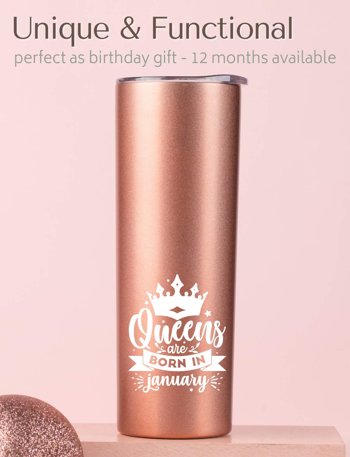 Onebttl Birthday Gifts for Women, Her, Girlfriend, Mom, Best Friends, Aunt, 20oz Stainless Steel Skinny Tumbler with Lid and Straw, Queens are Born in May - Rosegold