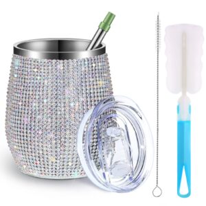 bling water bottle bling wine tumbler diamond tumbler rhinestone for glitter wine glass tumbler girls trip cups, straw, straw brush and cup brush for wine coffee cocktails champaign (ab color, 1 set)