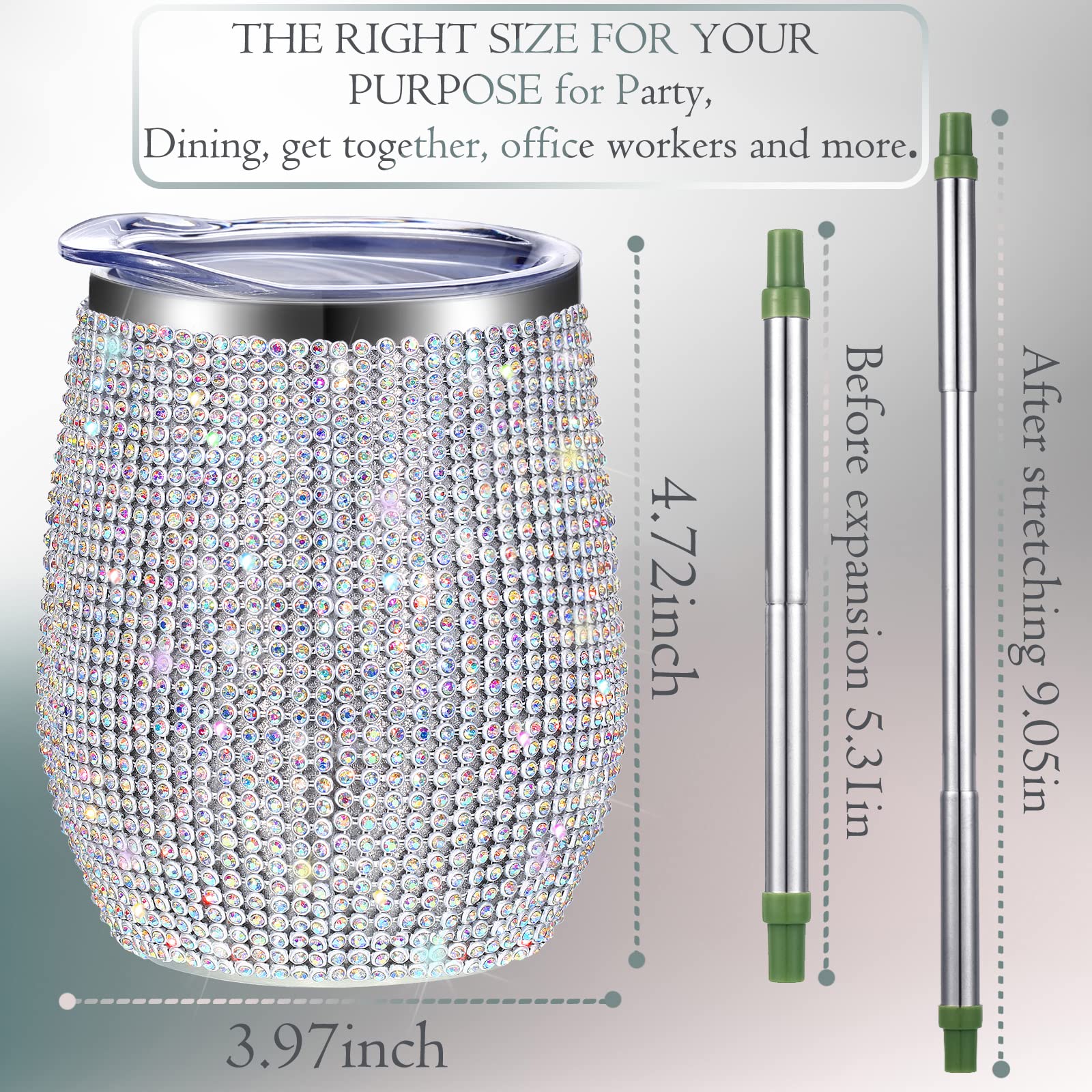 Bling Water Bottle Bling Wine Tumbler Diamond Tumbler Rhinestone for Glitter Wine Glass Tumbler Girls Trip Cups, Straw, Straw Brush and Cup Brush for Wine Coffee Cocktails Champaign (AB Color, 1 Set)