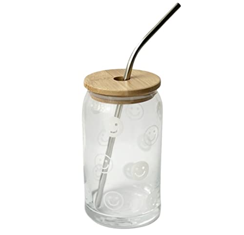 Smiley Face Glass Cups with Lids and Straws- Tumbler with Lid and Straw- 16 oz Iced Coffee Cup w/Bamboo Lid Stainless Streel Straw- Beer Can Shaped Drinking Glasses- Cute Cups- Gift for Women