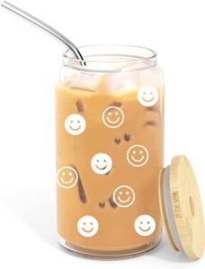 smiley face glass cups with lids and straws- tumbler with lid and straw- 16 oz iced coffee cup w/bamboo lid stainless streel straw- beer can shaped drinking glasses- cute cups- gift for women