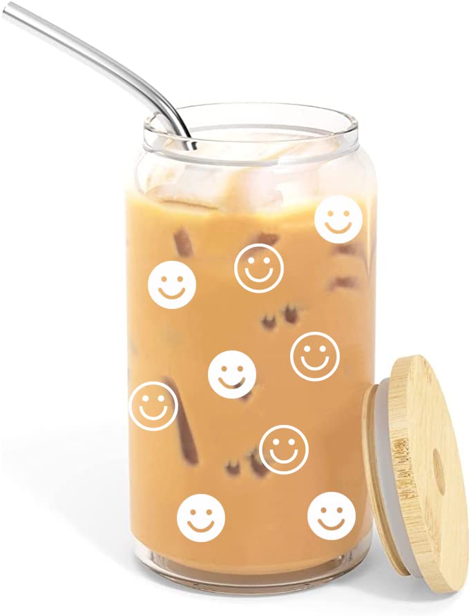 Smiley Face Glass Cups with Lids and Straws- Tumbler with Lid and Straw- 16 oz Iced Coffee Cup w/Bamboo Lid Stainless Streel Straw- Beer Can Shaped Drinking Glasses- Cute Cups- Gift for Women